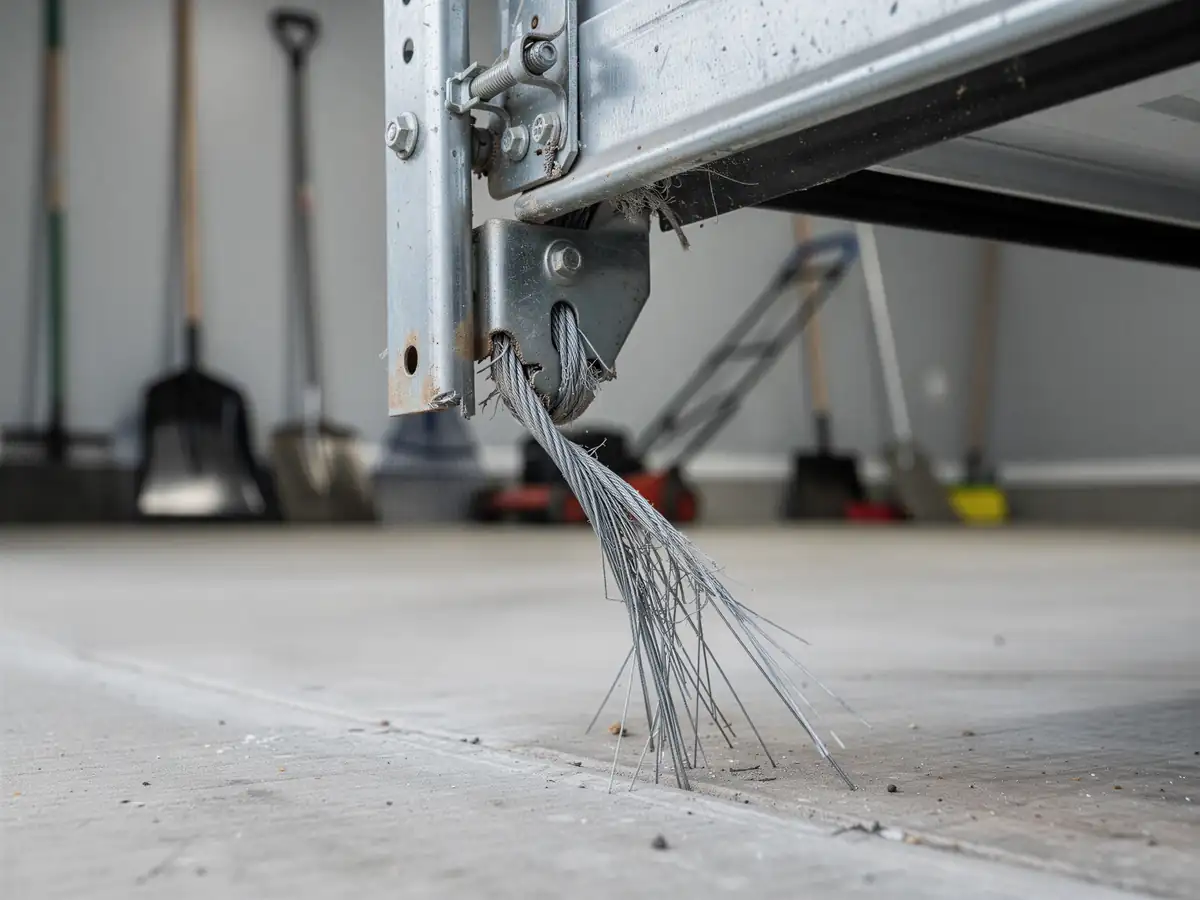 The frayed garage door cable hangs from the bottom of the garage door.