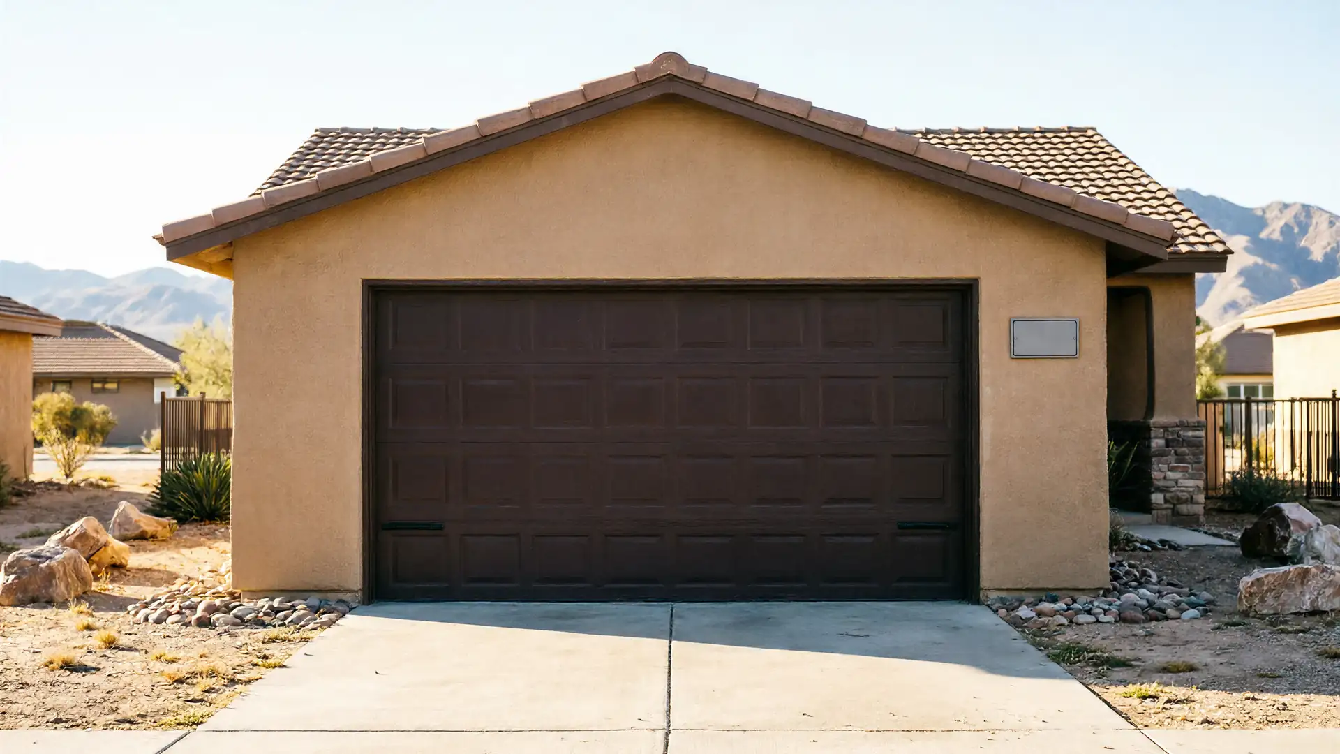 A brown garage door on a tan stucco house with a tiled roof.
