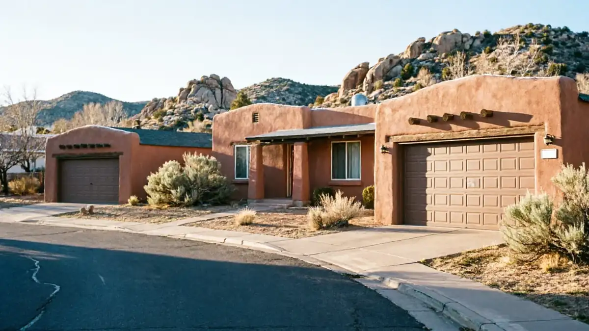 Two brown garage doors on a reddish-brown stucco house with mountains in the background.