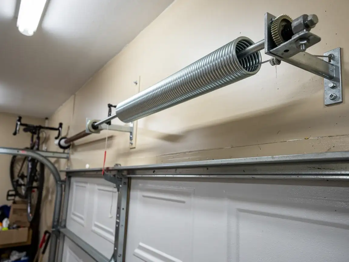 A garage door torsion spring is mounted above a white garage door.