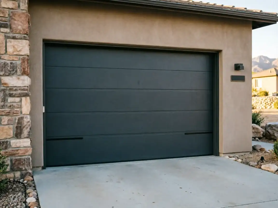 A dark gray garage door is on a stucco house with a stone pillar.