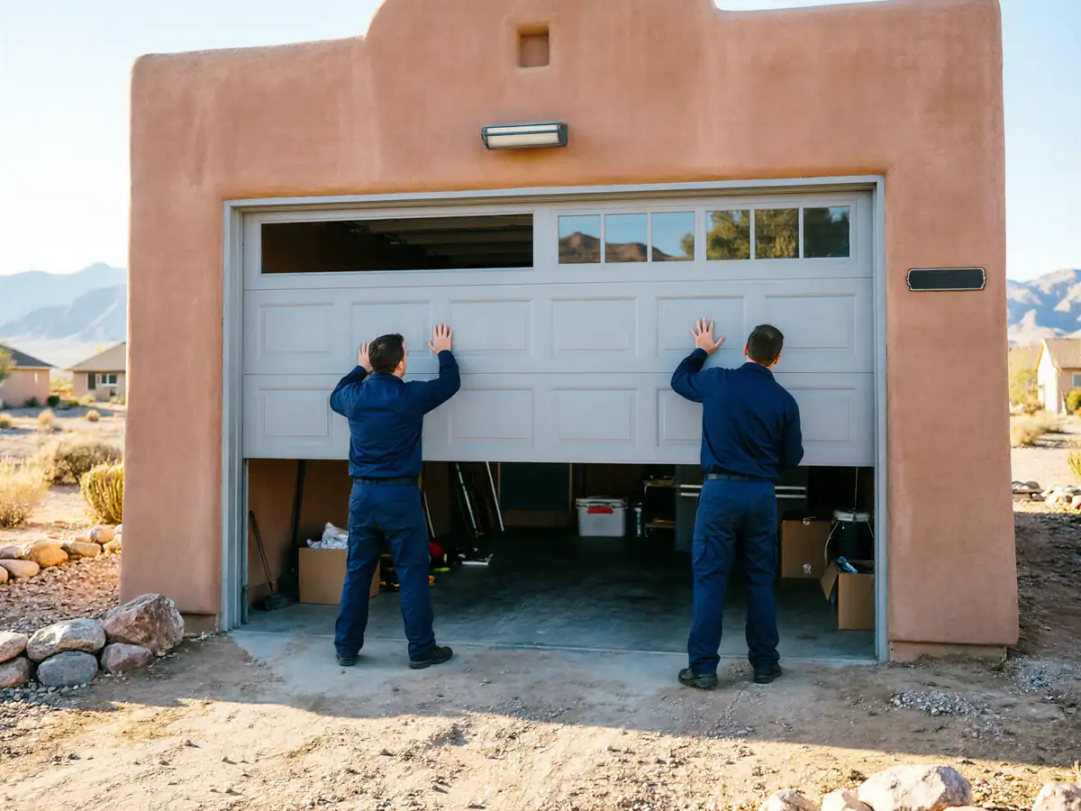 Two technicians in blue uniforms are installing a light gray garage door.