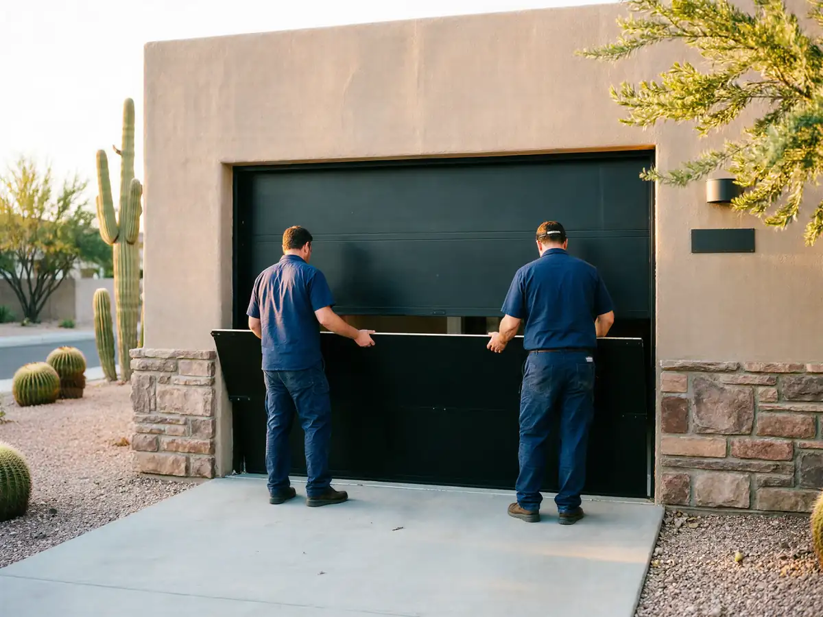 Two technicians are installing a black garage door on a tan house.